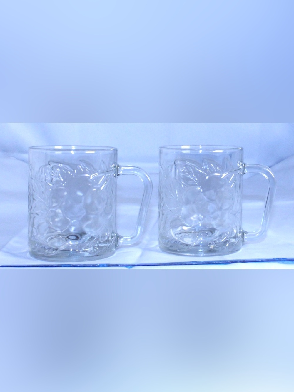 Vintage KIG Indonesia Clear Glass Mugs Embossed Grape and Leaf Set of Two